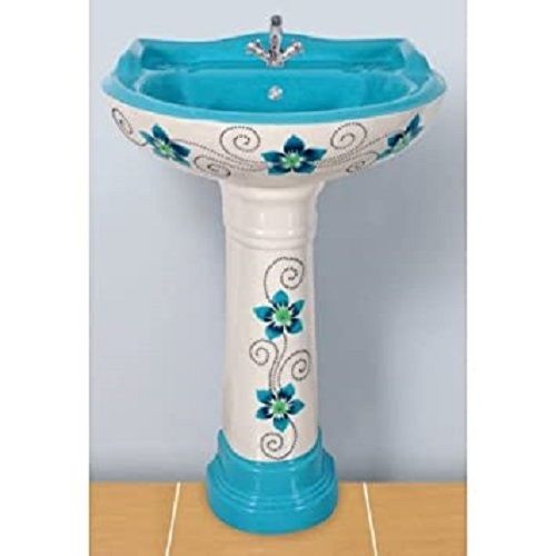 White Premium Glossy Fine Finish And Floor Mounted With Floral Printed Pedestal Wash Basin