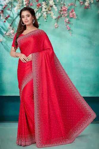 Plain Red Color Women Designer Saree For Party Wear With Anti Wrinkle And Fade Properties