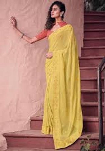 Buy Yellow Chiffon Saree With Lace Work Indian Wedding Wear Solid Plain  Saree Designer Fabric Craft Sari Women Wear With Running Blouse Piece  Online in India - Etsy
