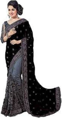 Stylish Trendy Golden Zari Border Chiffon Black Saree For Girls/Women
