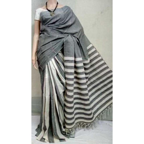 Striped Grey And White Handloom Cotton Saree, Stipes Design In Body And Pallu