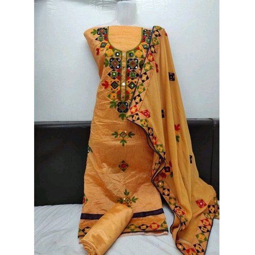 Hand Embroidered Designer Wear Chanderi Salwar Material With Bottom And Duppatta For Ladies