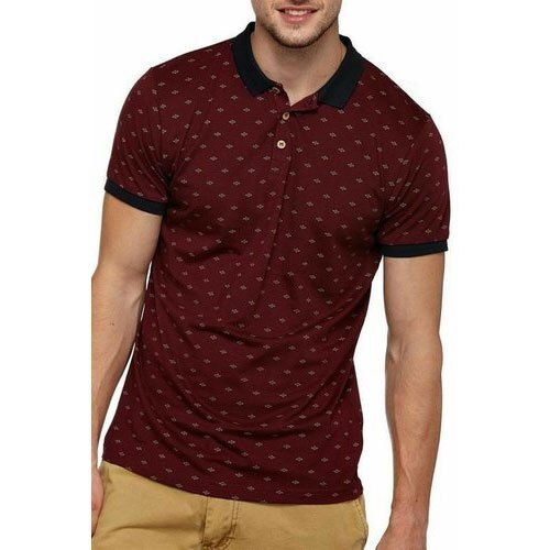 Maroon Printed Short Sleeve Collar Neck Cotton T Shirt For Mens