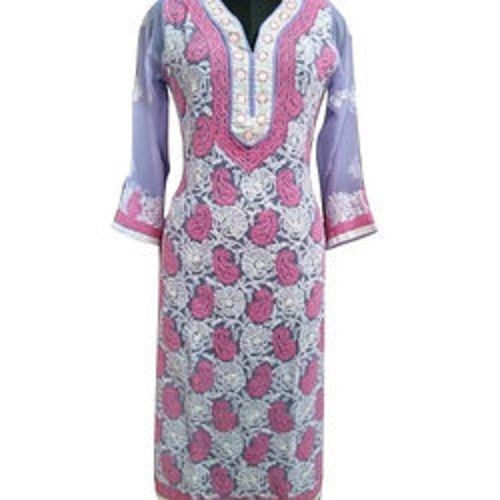 White Pink Women Fancy Casual Wear Round V Neck 3/4 Sleeve Multicolor Printed Cotton Kurti