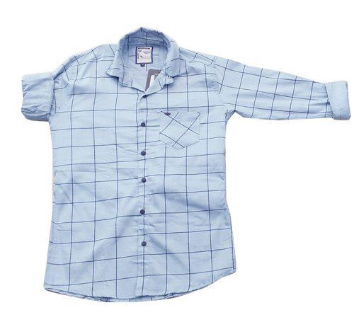 No Fade Light Blue Checked Cotton Casual Shirt For Men, Full Sleeves