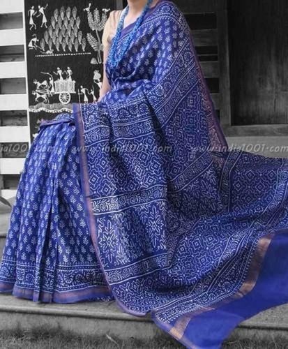 Cotton Blue Silk Hand Block Printed Saree, Washable, Wrinkle Free