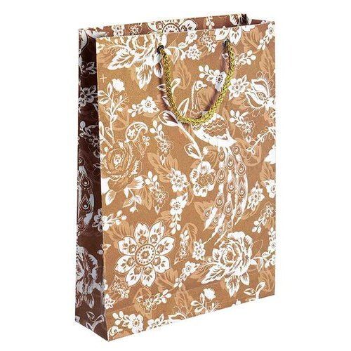 Handled Brown And White Floral Printed Paper Carry Bag For Regular Purpose  Max Load: 1-5  Kilograms (Kg)