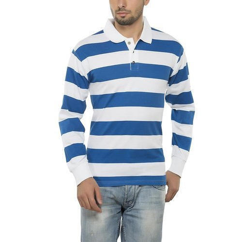 Light Weight Breathable Skin Friendly Wrinkle Free Printed Blue And White Full Sleeve Polo T Shirt For Men