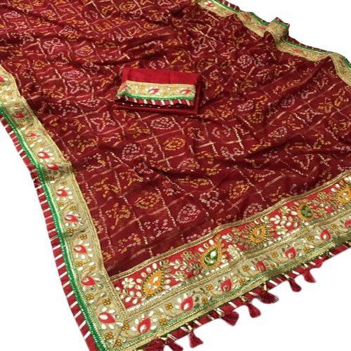 Cotton Silk Marron And Printed Party Wear Bandhani Ladies Saree With Blouse Piece Set