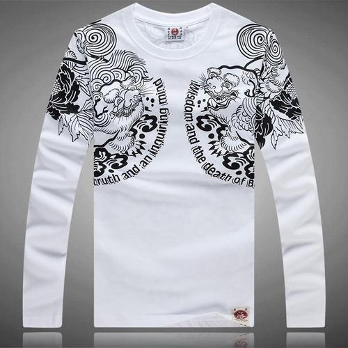 Casual Printed Full Sleeve Men's T-Shirt - 100% Cotton, Available in Sizes S-XXL, White with Two-Tone Print, O-Neck Design, Comfortable and Breathable