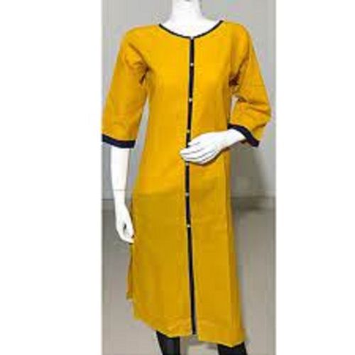 Yellow With Black Round Neck 3/4th Sleeve Breathable Printed Cotton Kurtis For Ladies