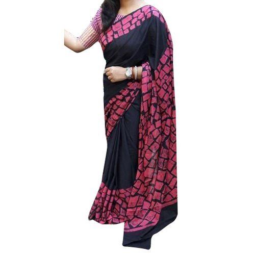 Formal Black And Pink Color Pure Cotton Ladies Saree With Blouse Piece Set