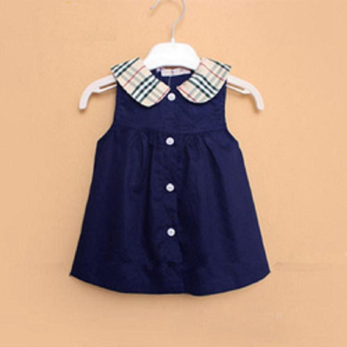 Woolen Designer Wear Soft Comfortable Breathable And Stylish Plain Casual Wear Button Type Sleeveless Blue Frock For Baby