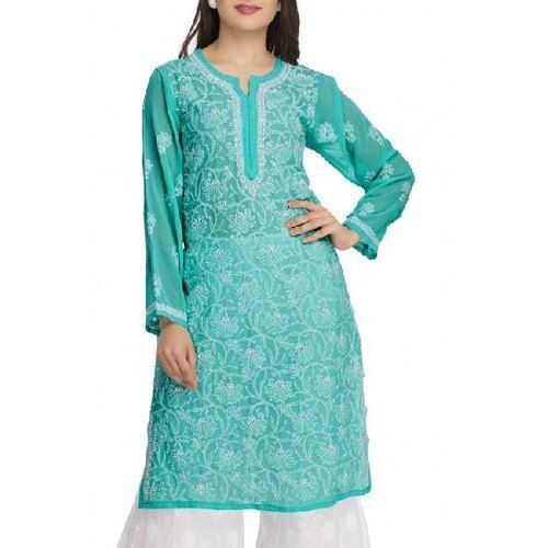 Blue Party Wear Fancy Chikan Kurti For Ladies