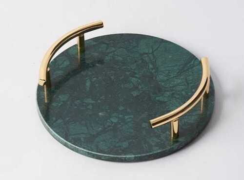 Green Round Marble Tray With Ring Handle For Decoration And Gifting Purpose