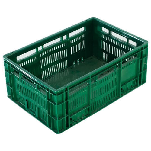 Green 2 Way Handlift Plastic Rectangular Crates With 25 Kg Static Load Capacity