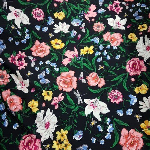 Black Printed Rayon Fabric Design: Flower