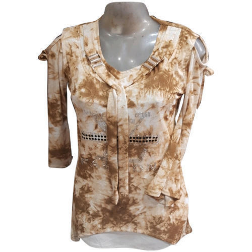 लाइट मैरॉन कॉटन राउंड नेक प्रिंटेड लेडीज़ टॉप