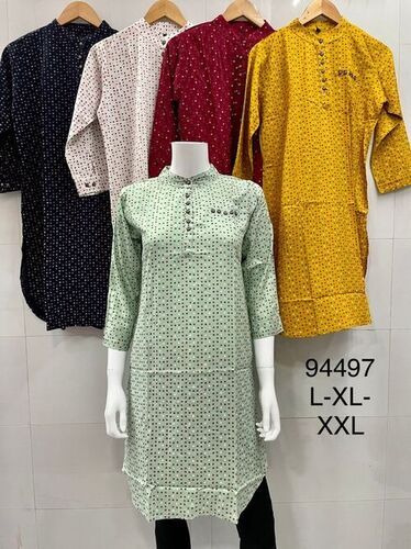 Multi Color Full Sleeve Ladies Kurtis With Cotton Fabircs And Handwash, Skin Friendly