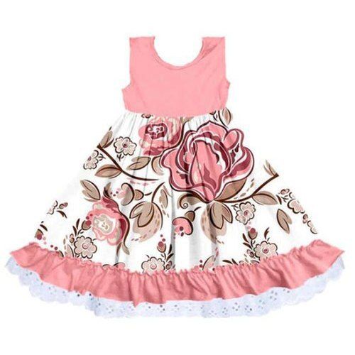 Soft Comfortable Breathable Designer Wear And Stylish Floral Pink And White Printed Baby Frock