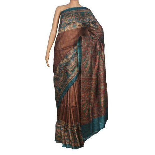 Colorful Party Wear Ladies Handloom Printed Tussar Ghicha Silk Saree, Dry Clean, 6.3 M (With Blouse Piece)