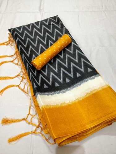 प्लेन प्रिंटेड ब्लैक एंड येलो कैज़ुअल वियर कॉटन लेडीज़ साड़ी ब्लाउज पीस सेट के साथ