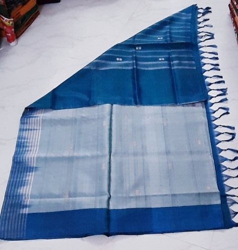 Summer Blue Plain Casual Wear Cotton Ladies Saree With Blouse Piece Set