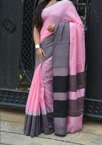 Summer Lite Pink Plain Casual Wear Cotton Ladies Saree With Blouse Piece Set