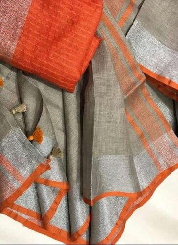 समर ग्रे और ऑरेंज प्लेन कैज़ुअल वियर कॉटन लेडीज़ साड़ी ब्लाउज पीस सेट के साथ