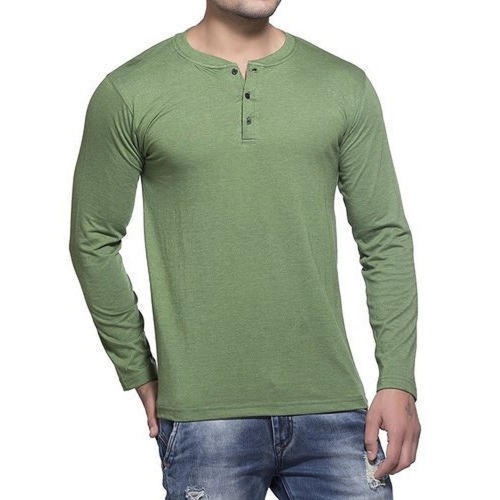 Cotton Breathable Skin Friendly Wrinkle Free Green Plain Casual Full Sleeve T Shirt For Men