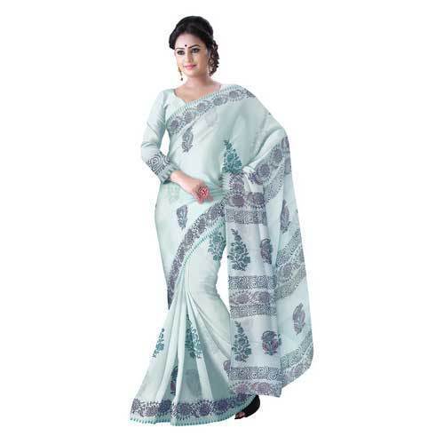 Party Wear Printed, Handwoven Zari Work Light Blue And White Cotton Silk Saree For All Season