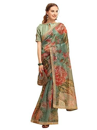 Women'S Green & Multicolor Floral Printed Organza Saree 