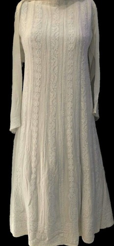 Beautiful Simple Elegant And Stylish Look White Round Neck Chikan Kurti For Ladies