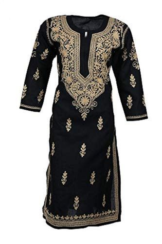 Washable Black Round Neck Chikan Kurti For Ladies