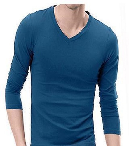 Cotton T-Shirt - Long Sleeve, V-Neck, Plain Blue | Comfortable, Versatile Casual Wear for Men, Available in Multiple Sizes