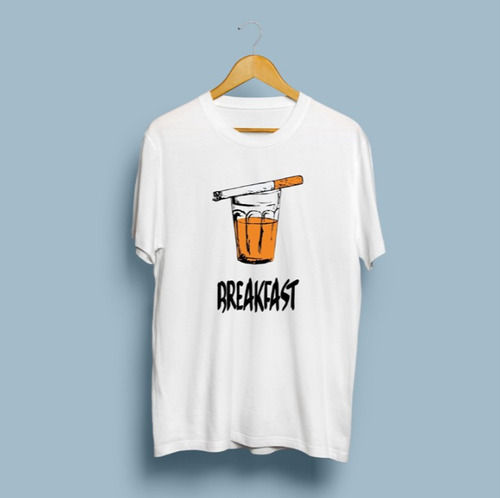 White Desirable And Attractive Round Neck, Chai And Smoke Breakfast Printed T-Shirt