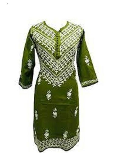 Washable Green Round Neck Chikan Kurti For Ladies