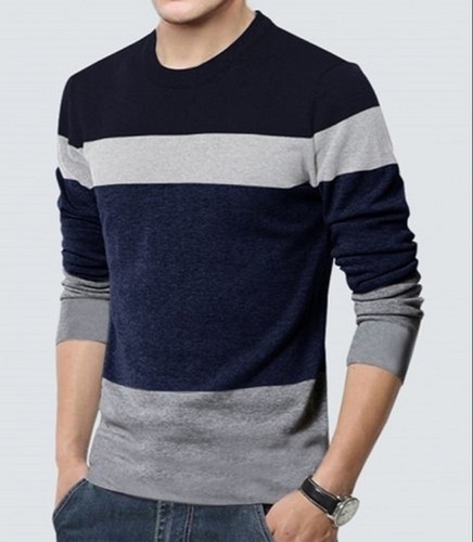 Grey Full Sleeve Casual Wear Comfortable Blue And Round Neck Cotton T Shirts - Cotton, Customized/XL/XXL Sizes, Blue and Grey Colors | Long Sleeve, Plain Pattern, O-Neck Design for Men