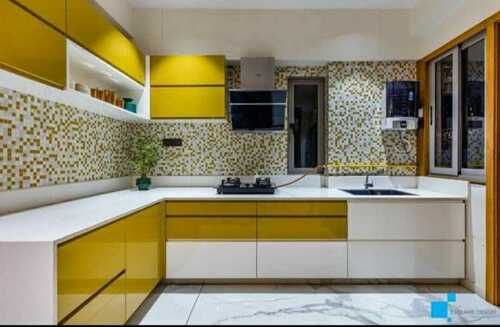 Yellow And White Color L Shape Modular Kitchen Design