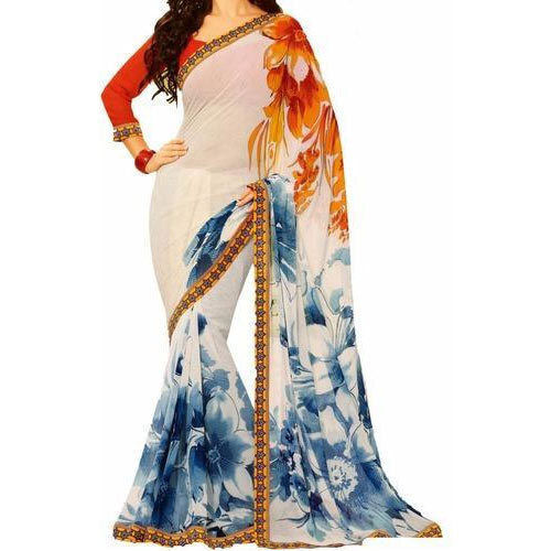 Cream And Multi Colour Printed Pure Chiffon Plain Casual Trendy Saree