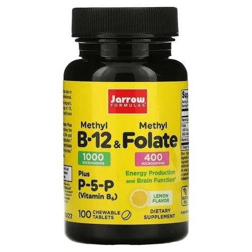 Jarrow Formulas Methyl B-12 & Methyl Folate - 100 Chewable Tablets, Lemon - Bioactive Vitamin B12 & B9 - Supports Energy Production, Brain Function & Metabolism - Gluten Free - 100 Servings