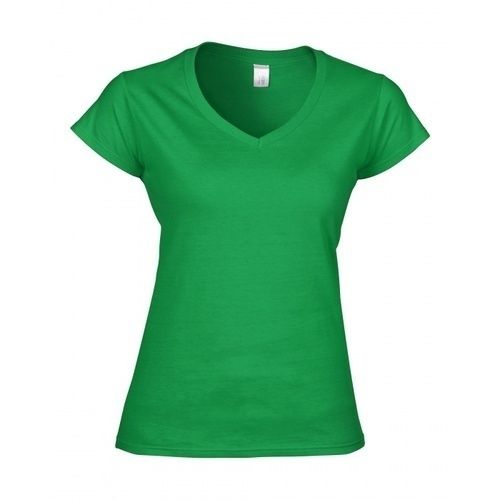 Ladies Plain V Neck Short Sleeve Casual Wear Regular Fit Cotton Green T Shirt