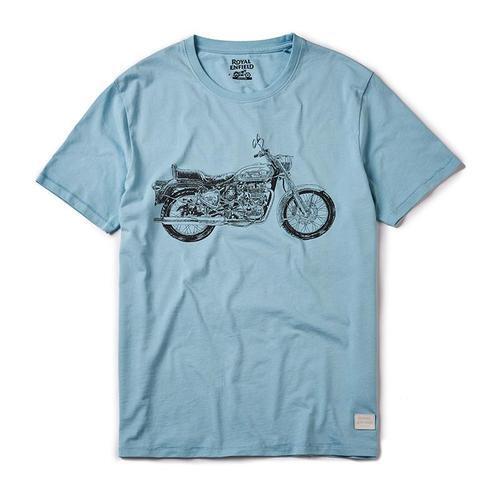 Quick Dry Breathable Skin Friendly Wrinkle Free Light Blue Printed Round Neck Half Sleeves Cotton T Shirt For Men