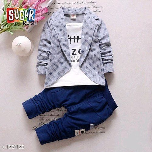 Stylish And Trendy White T Shirt With Blue Checked Blazer And Blue Pant For Kids Age Group: 0-6