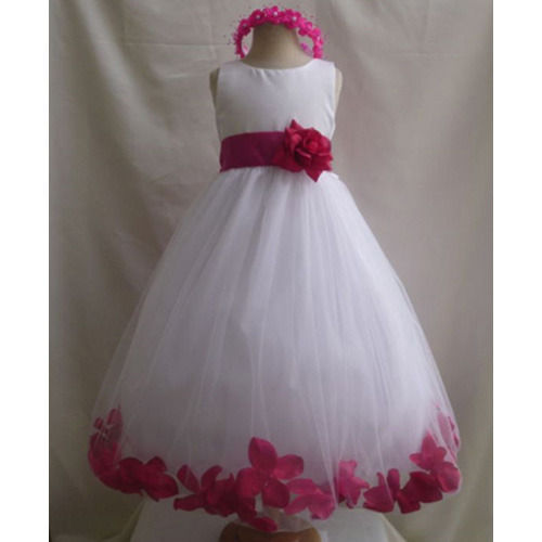 White And Pink Round Neck Sleeve Less Embroidered Modern Net Frock For Girl