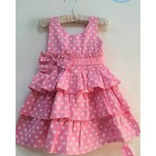 Girls Party Wear Sleevelesss Round-Neck Pink 100% Cotton Printed Frock Age Group: Kids