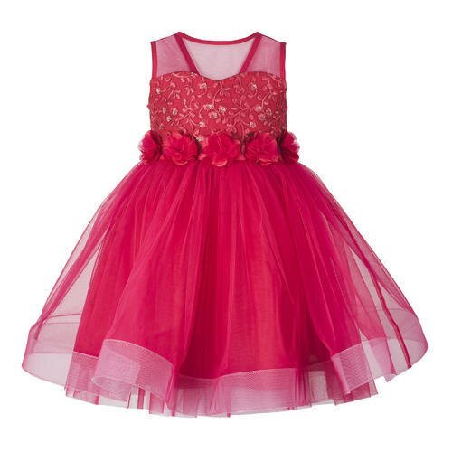 Girls Embroidered Sleeveless Party Wear Frock - Cotton & Net, Pink with Colorful Thread Embroidery and Stone Decoration, Perfect for Weddings and Birthdays