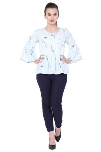 Summer Perfect Casual Glamour Look Cotton Blue Printed White Ladies Top