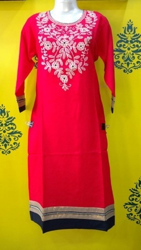 वॉशेबल रेड फुल स्लीव रेयॉन कैज़ुअल वियर कुर्ती