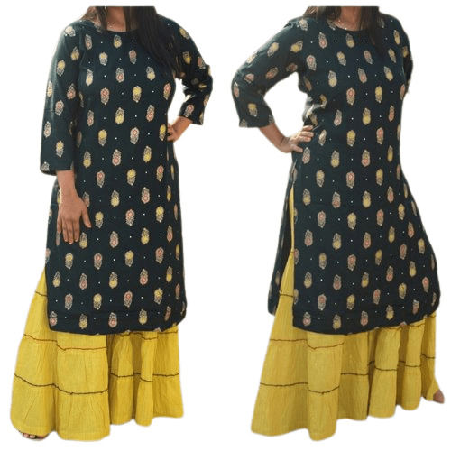 Dark Green Trendy Lovely Rayon Printed Straight Black Kurti With Yellow Palazzo Set